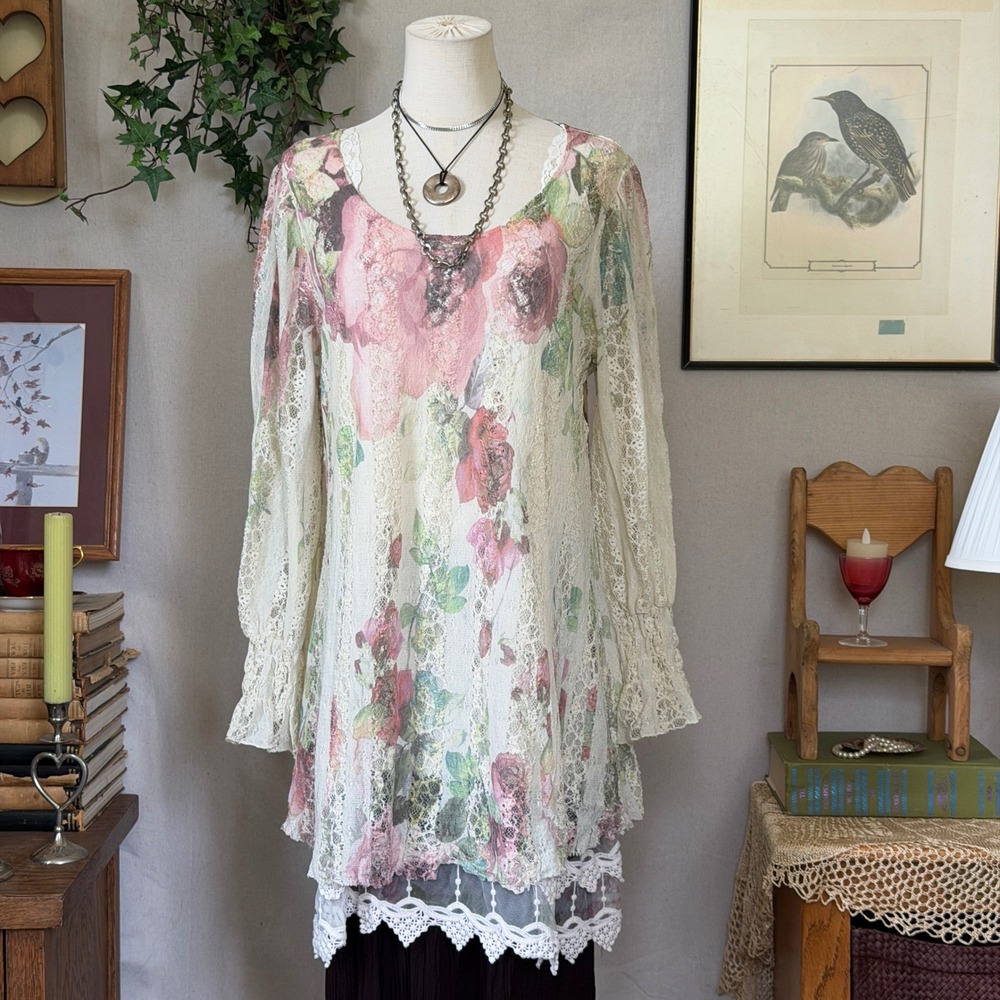 Cream Floral Lace Tunic Top Fairycore Size M Layered Dress Forest Girl Pink Cute